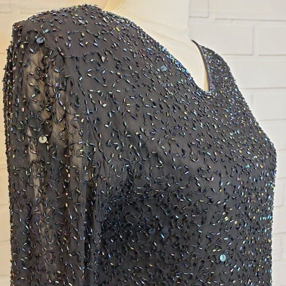 Vintage 80s 90s Pure Silk Beaded Top Black Iridescent Sequin Whimsygoth Blouse - Picture 3 of 8